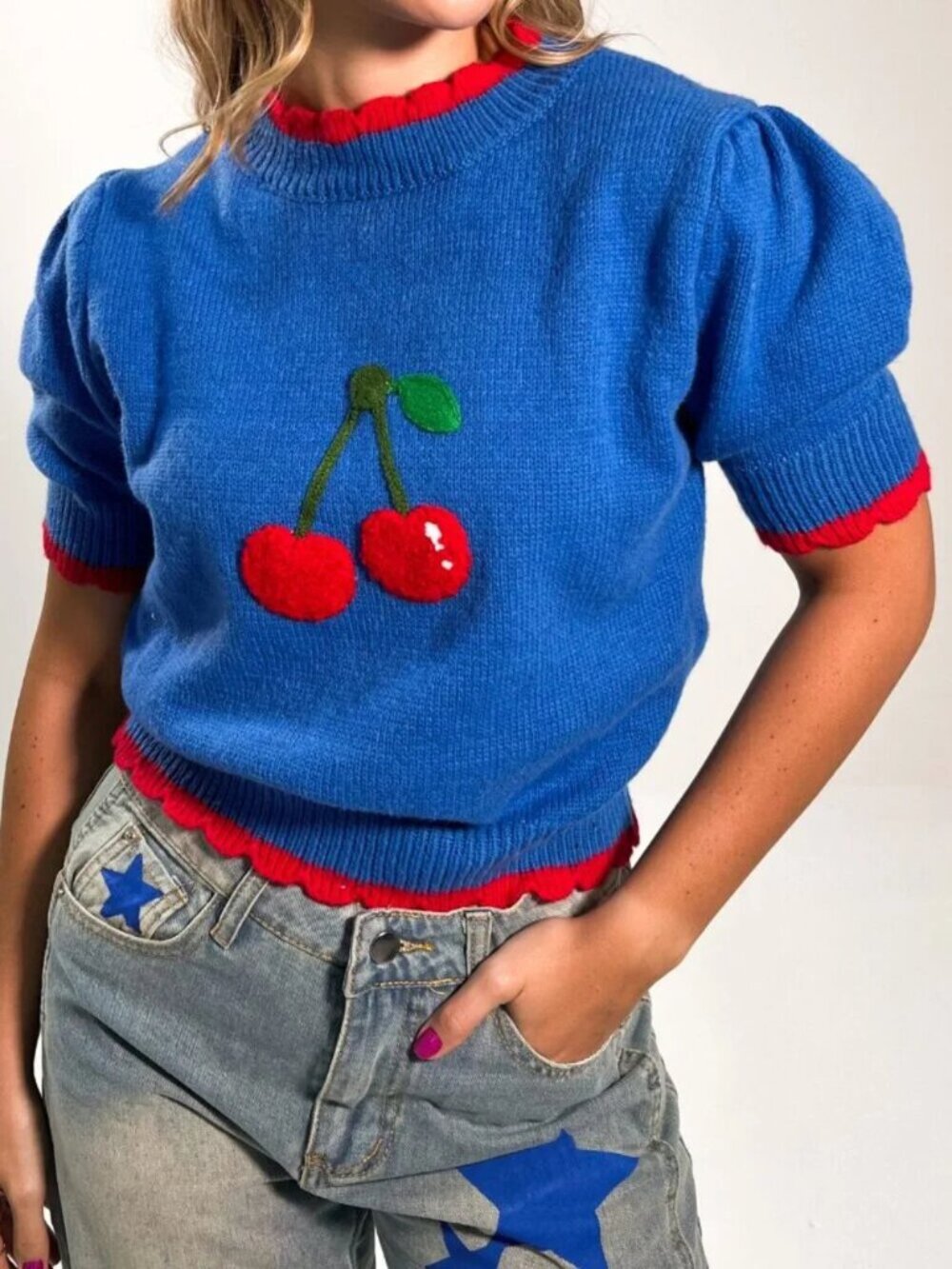 Blue Cherry Mock Neck Cropped Sweater - Picture 4 of 5